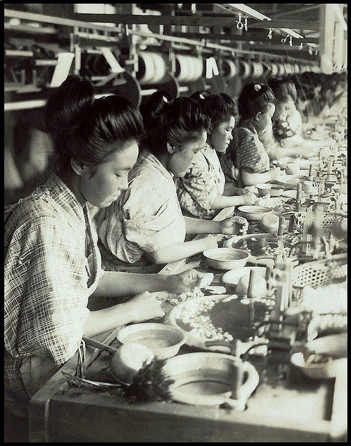 SILK FACTORY GIRLS DRAWING THREAD FROM COCOONS in OLD JAPAN