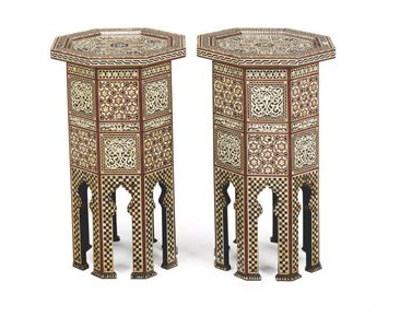 PAIR OF NORTH AFRICAN MOTHER-OF-PEARL, MARQUETRY AND PARQUETRY-INLAID OCTAGONAL SIDE TABLES e