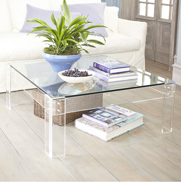Wisteria lucite and glass square coffee table